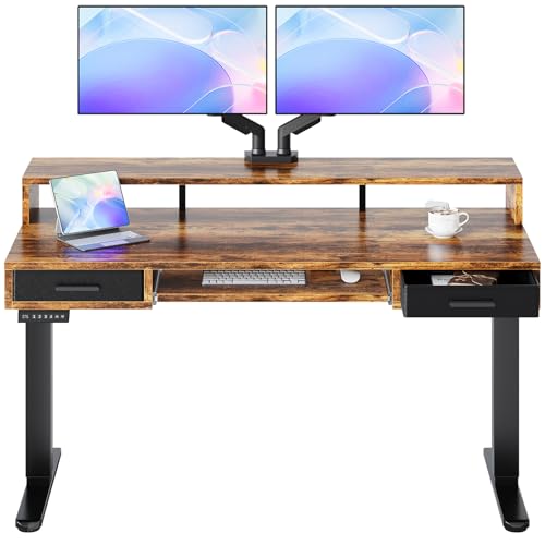 HUANUO 55″ x 26″ Electric Standing Desk with 2 Drawers &24.4″ Large Keyboard Tray, C-Clamp Mount Compatible, Adjustable Computer Desk for Office, Sit Stand Up Desk with 4 Height Presets, Vintage Brown - color: Vintage Brown, size: 55*26 inch