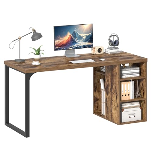 EXCEFUR Computer Desk for Home Office, Modern Writing Desk with Reversible Storage Shelves, Wood and Metal Gaming Study Table Workstations, 53 Inch, Rustic Brown - color: Brown