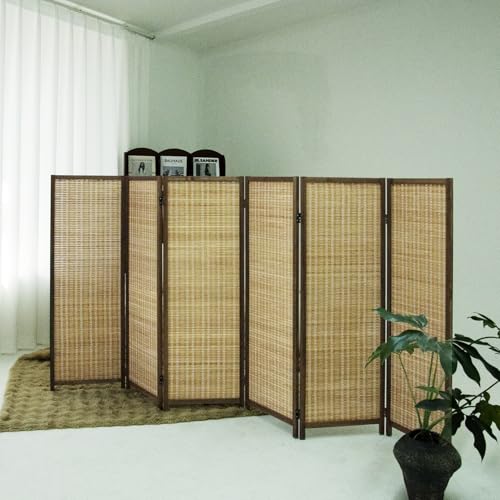 6 Panel Short Room Divider – 3.9 ft Tall Double-Side Folding Privacy Screen, Natural Brown Bamboo Partition Wall for Home Office, Living Room & Corner Spaces - color: Brown, size: 6 Panel