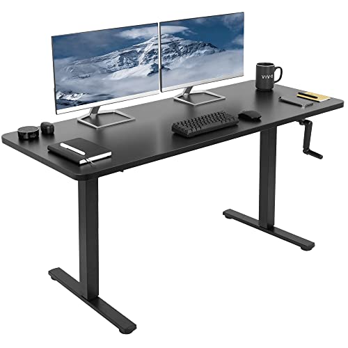 VIVO Manual Height Adjustable 60 x 24 inch Stand Up Desk, Black Solid One-Piece Table Top, Black Frame, Standing Workstation with Foldable Handle, DESK-KIT-MB6B | Manual, Holds 110 lbs, Sit Stand, Height Adjustable, Solid One-Piece Table Top, Home Office,