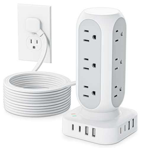 TenTrend Power Strip Tower, 4.8A Fast Charging Tower, 10 FT Extension Cord | 12 AC Outlets & 8 USB Ports (4USB-C), Flat Plug Charging Station for Home, Office, Dorm Room - color: White, size: 10 FT - 3 Prong