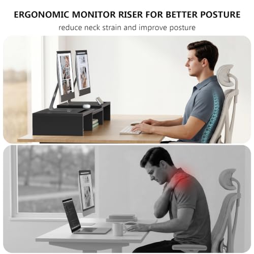 WALI Extra Long Wooden Dual Monitor Stand Riser with 2 Slots, up to 22lbs - color: Black, size: 31 in
