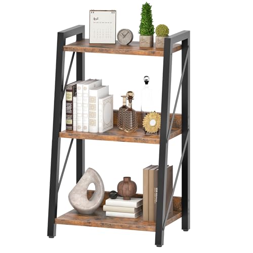 HOOBRO Ladder Shelf, 3-Tier Bookshelf, Corner Bookcase, Small Bookshelf with Metal Frame, for Living Room, Bedroom, Home Office, Kitchen, Rustic Brown and Black BF303CJ01 - size: 16.4"L x 11.8"W x 27.6"H