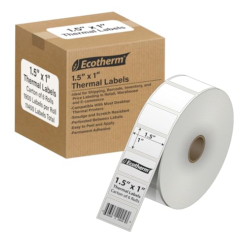 1.5" x 1" Thermal Labels | 6 Rolls | 11400 Labels | fits Zebra, Godex, Arkscan, iDPRT, Offnova Thermal Label Printers and More | Blank White Adhesive Stickers by Ecotherm - size: 1.5 x 1 White - 11400 Labels