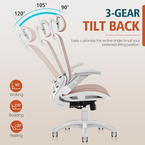 GABRYLLY Ergonomic Office Chair, High Back Home Desk Chair with 2D Flip-Up Arms, 3D Headrest, 90-120° Tilt and Wide Cushion, Big and Tall Mesh Chairs for Man Woman, White Computer Task Chair Pink - color: White Frame Pink Mesh