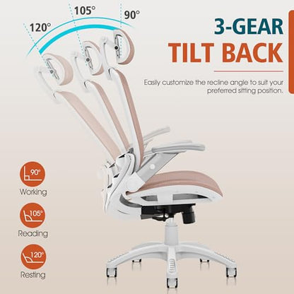 GABRYLLY Ergonomic Office Chair, High Back Home Desk Chair with 2D Flip-Up Arms, 3D Headrest, 90-120° Tilt and Wide Cushion, Big and Tall Mesh Chairs for Man Woman, White Computer Task Chair Pink - color: White Frame Pink Mesh
