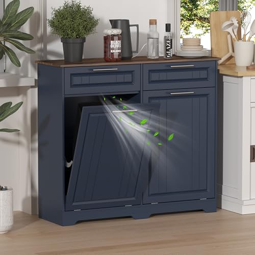 Double 10 Gallon Tilt Out Trash Can Cabinet with Deodorizing Function and Power Outlet, Wooden Hidden Garbage Can Holder with 2 Storage Drawers for Kitchen, Laundry Hamper Cabinet for Bathroom, Blue - color: Blue, size: 13.11"D x 40.16"W x 35.2"H(Double)