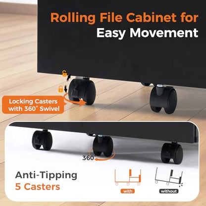 Sweetcrispy 2 Drawer Filing Cabinet Black, Rolling Wood File Cabinets with Printer Stand Under Desk Storage Lockable Wheels, Home Office Organizer