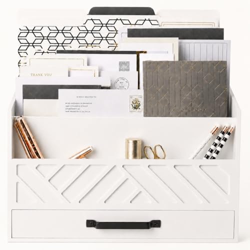 BLU MONACO | Wooden Mail Organizer with Drawer | Mail Organizer Countertop with 6 Compartments | Bill Holder for Desk | White Desktop Mail Sorter - color: White