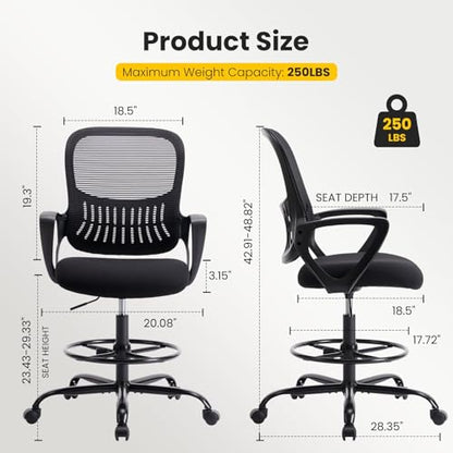 Sweetcrispy Ergonomic Tall Drafting Chair, High Office Desk Chair | Comfy Lumbar Support, Adjustable Height, Footrest, Fixed Arms, Counter, Dark Black - color: Dark Black, size: 45 inches (H) x 23.62 inches (W) x 24.2 inches (L)