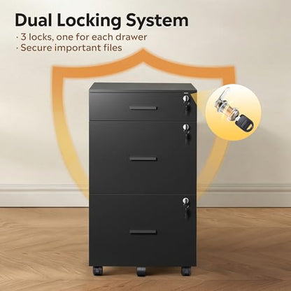 DEVAISE 3 Drawer File Cabinet with Lock & Wheels, Wood Printer Stand, Black - color: Black