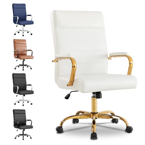 Office Desk Chair,Modern Leather Conference Room Chairs,High Back Home ofiice Chair,Adjustable Height Swivel Executive Computer Chair with Armrest and Padded Seat,White/Gold - color: White/Gold Frame