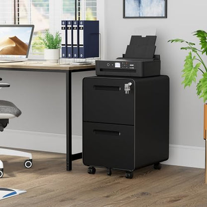 2 Drawer Mobile File Cabinet with Lock, 4 Keys and 25 Letter File Folders | Heavy-Duty Steel Rolling Filing Cabinet Pre-Assembled Under Desk for Home Office Letters/Legal/A4 Hanging File Folders - color: Black, size: 25.8"H*15.7"W-2 drawers(25 letter fold