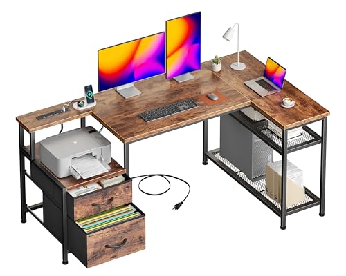 Korfile 49 Inch L Shaped Gaming Desk with Power Outlets and Type-C Port, Reversible Computer Office Desk with 2 Fabric Drawers & Mesh Shelves, Corner Desk for Study Work Writing Desk,Rustic Brown - color: Rustic Brown, size: 49 Inch