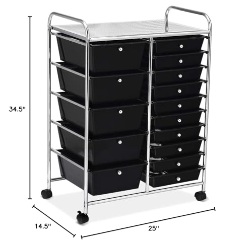 RELAX4LIFE 15 Drawer Rolling Storage Cart, Mobile Drawer Carts for Craft Art Supply Paper Salon, Utility Cart on Wheels for Classroom Teacher School Office, Rolling Cart with Drawers (Black) - color: Black, style: 15 Drawers-34.5"