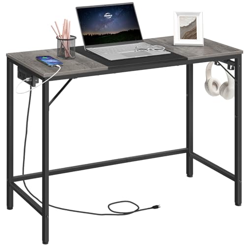 HOOBRO Computer Desk, 39.3 Inch Small Desk with Power Outlet, Writing Table with USB Charging Ports and 3 Hooks for Home Office, Bedroom, Easy to Assemble, Charcoal Gray and Black BC41UDN01 - color: Charcoal Gray + Black, size: 39.3"W x 15.7"D x 30.3"H