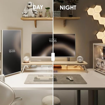 Fenge Dual Monitor Stand with 8-Mode LED Lights and Frosted Shelf, Oak | Sturdy Aluminum Legs, Built-In Phone & Tablet Slot, 2-Tier Storage, 42.5-Inch Desk Shelf for Gaming, Home Office & Streaming - color: Oak