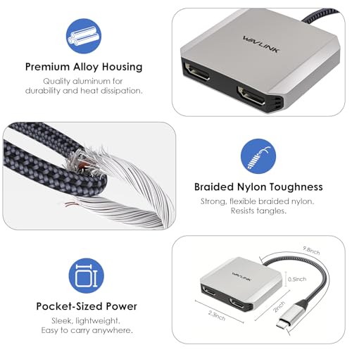 USB C to Dual HDMI Adapter, WAVLINK Dual Monitor Splitter, Dual 4K@60Hz HDMI, 95W PD, Compatible with Dell XPS/HP/Lenovo/Surface/Type C Laptop/Windows System Only