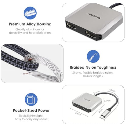 USB C to Dual HDMI Adapter, WAVLINK Dual Monitor Splitter, Dual 4K@60Hz HDMI, 95W PD, Compatible with Dell XPS/HP/Lenovo/Surface/Type C Laptop/Windows System Only