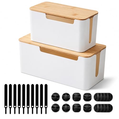 [Set of 2] Wood Cover Cable Management Box Set, Wire Ties Included to Organize Desk Cord Cables, Hide TV Computer Wires, Power Strips, USB Hub to Make Your Home, Office Neat and Clean (White) - color: White