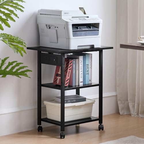 Lerliuo 3-Tier Printer Stand with Charging Station, Rolling Printer Table - color: Black, size: 3-Tier with Charger