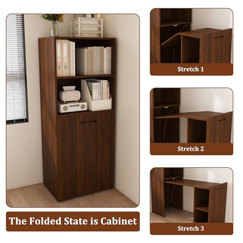 Walnut Wooden Foldable Murphy Desks for Small Spaces(Walnut,) | Home Computer Desk with Storage Shelves, Hideaway Writing Desk, Space Saving Pull Out Study Table for Bedroom Apartment - color: Walnut,