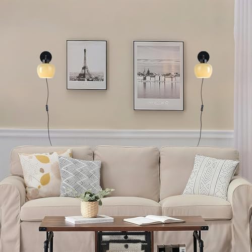 Modern Wall Sconces, Olive Green Milk Glass, Matte Black Finish | Plug-in Wall Lamp, Industrial Boho Lighting, For Bedroom, For Living Room - color: Matte Black+Glass Lampshade