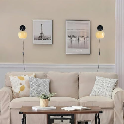 Modern Wall Sconces, Olive Green Milk Glass, Matte Black Finish | Plug-in Wall Lamp, Industrial Boho Lighting, For Bedroom, For Living Room - color: Matte Black+Glass Lampshade