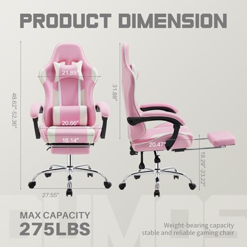 DUMOS Ergonomic Gaming Chair with Footrest, Home Office Desk Chair | PU Leather, Headrest, Linkage Armrests, Height Adjustable, 360 Swivel Reclining, White Pink - color: White Pink, size: PU Leather 27"D x 25"W x 52"H