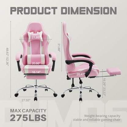 DUMOS Ergonomic Gaming Chair with Footrest, Home Office Desk Chair | PU Leather, Headrest, Linkage Armrests, Height Adjustable, 360 Swivel Reclining, White Pink - color: White Pink, size: PU Leather 27"D x 25"W x 52"H