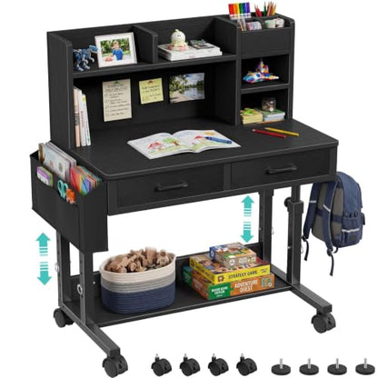 WINAZ Black Mobile Kids Desk - 32" Height Adjustable Study Table with Hutch - color: Black