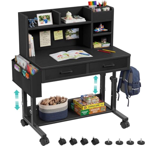 WINAZ Black Mobile Kids Desk - 32" Height Adjustable Study Table with Hutch - color: Black