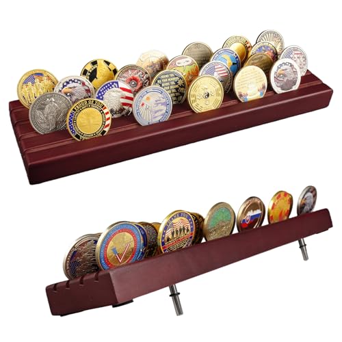 ASmileIndeep Military Challenge Coin Display Holder, Solid Wood Stand Rack Holds 30 Coins, 4 Row Slotted Coin Stand for Desk, Red - color: Mahogany, size: Large