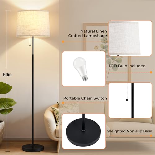 Floor Lamps for Living Room & Bedroom, 60" Modern Tall Standing Lamp, 3CCT | Lamps for Office, Classroom, Bedside, Linen Lampshade, Pull Chain Switch, Modern Design, Anti-glare Lighting, Easy Assembly - color: Linen T-Shades+Black Pole