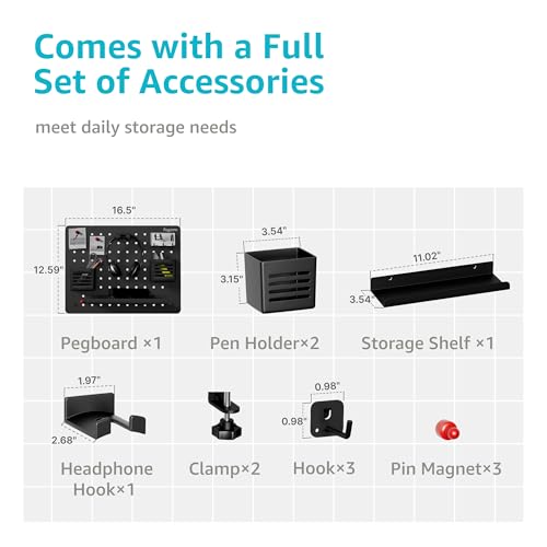 PEGZONE Clamp on Desk Pegboard, 16.5" x 12.6", with 10 Accessories, Black - color: Black, size: Medium