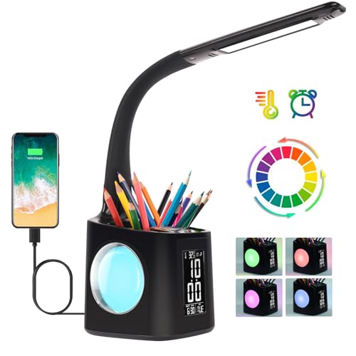 LED Desk Lamp with Clock,Color Changing Nightlight,Study Lamp with Pen Holder,Desk Light with USB Charger,Table Light for Home,Office,Gift for Kids,Students,Women,Black - color: Black 2.0