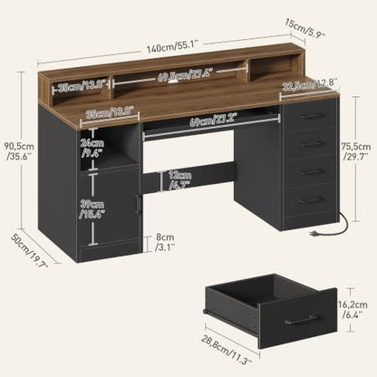 RALGEND 55" Office Desk with Drawers, Farmhouse Executive Desk with Drawers - color: Black, Walnut