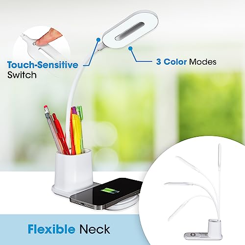 OttLite Organizer LED Desk Lamp with Wireless Charging, White | Natural Daylight LEDs | 3 Color Temperature Modes | Built-In Storage Area | Adjustable Flexible Neck