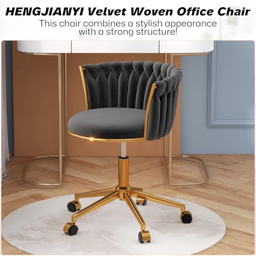 HENGJIANYI Velvet Woven Home Swivel Vanity Desk Chair with Gold Base, Black | Modern Height Adjustable Office Chair with Metal Base and Hand Weaving Back Wheels for Bedroom Study Small Space girl women - color: Black