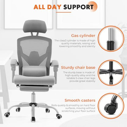 Sweetcrispy Ergonomic Office Chair, Computer Desk Chair with Lumbar Support | Adjustable Footrest, High-Back Mesh, 360° Rolling Swivel Work, Comfy Arms for Home Bedroom, Light Grey - color: Light Grey