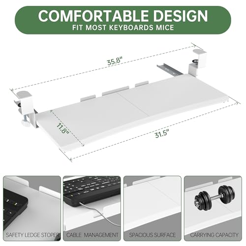 UPGRAVITY Extra Large Keyboard Tray Under Desk - Slide Out with Sturdy C-Clip Mount System, 31.5" (35.8" Including Clamps) x 11.8" Put-Out Keyboard Tray Computer Drawer for Ergonomic Typing, White - color: White