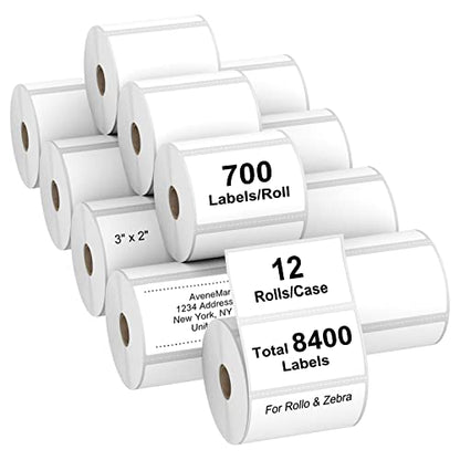 AveneMark 12 Rolls 3” X 2” Direct Thermal Labels for Barcodes, Address Labels Perforated & Compatible with Rollo & Zebra Desktop Label Printers (700/Roll) - size: 3"x 2"(12 Rolls-8400 Labels)