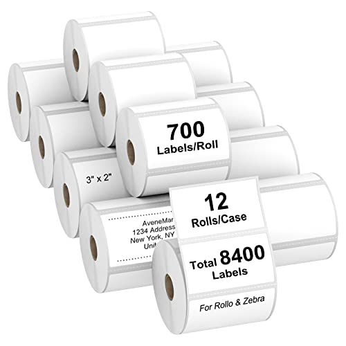 AveneMark 12 Rolls 3” X 2” Direct Thermal Labels for Barcodes, Address Labels Perforated & Compatible with Rollo & Zebra Desktop Label Printers (700/Roll) - size: 3"x 2"(12 Rolls-8400 Labels)