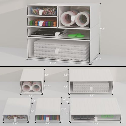 White & Clear 5-Drawer Stackable Desk Organizer Storage Set | Separate drawers, Dustproof, Easy to clean, for Office supplies, Pens, Markers, Stationery, Jewelry, Makeup, DIY Craft - size: 5 drawer white & clear