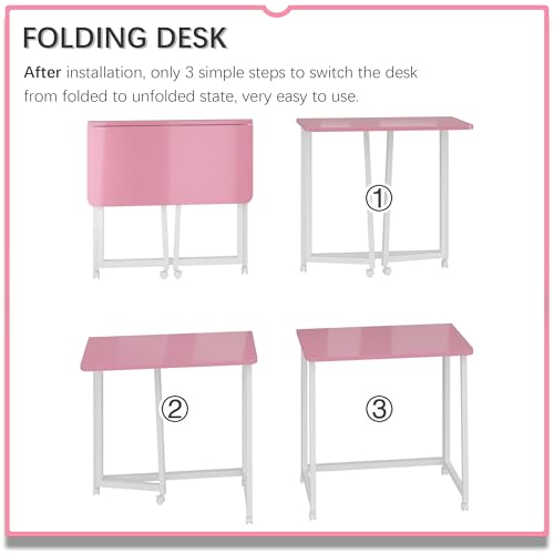 4NM 23.6" Mobile Small Folding Desk, Foldable Rolling Computer Home Office Desk, Study Writing Table for Small Space Saving Bedroom, with Wheels - Pink and White - color: Pink and White, size: 23.6"W x 15.7"D