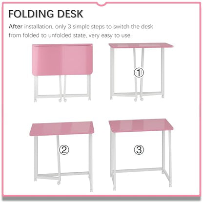 4NM 23.6" Mobile Small Folding Desk, Foldable Rolling Computer Home Office Desk, Study Writing Table for Small Space Saving Bedroom, with Wheels - Pink and White - color: Pink and White, size: 23.6"W x 15.7"D