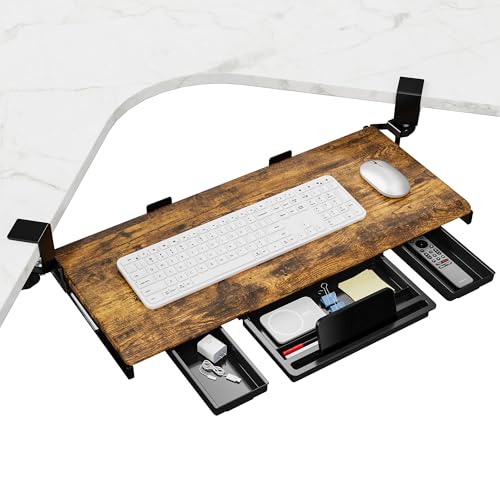 ETHU Keyboard Tray Under Desk, Ergonomic Corner Keyboard Tray with 180° Adjustable C Clamp for L Shape Desk 26.77" X 12.2" Easy to Install, Computer Keyboard Stand for Home and Office(Wood) - color: Wood