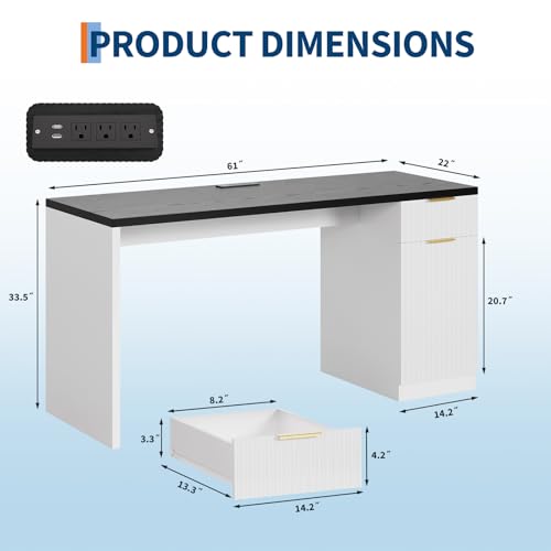 Garvee Executive Desk with Drawer and Power Outlet | 61" Large Farmhouse Computer Desk Home Office Wood Executive Desk with Adjustable Shelf for Work Study Writing,White/Black - color: White-black