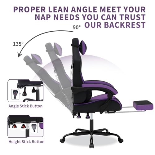 Gaming Chair with Massage,Ergonomic PC Gaming Chair with Footrest Comfortable Headrest and Lumbar Support,High Back Game Chair PVC Leather,300LBS (BlackPurple) - color: Blackpurple