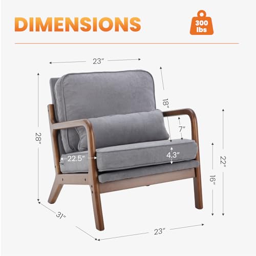 DUMOS Mid Century Accent Chairs Set of 2, 16'' Seat Height Lounge Chair | Upholstered Armchair with Waist Cushion and Wood Frame for Living Room, Bedroom, Reading Nook, Balcony, Light Grey - color: Light Grey, size: 2 Pack